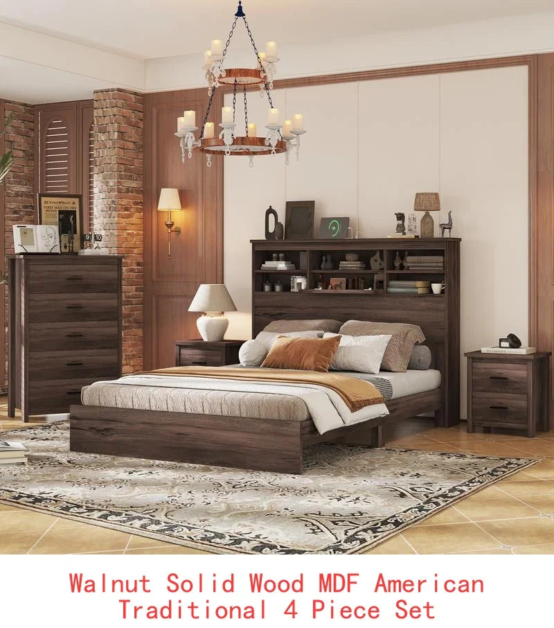 Vintage Bedroom Set - Wooden Bed Frame, 2 Nightstands & 1 Dresser