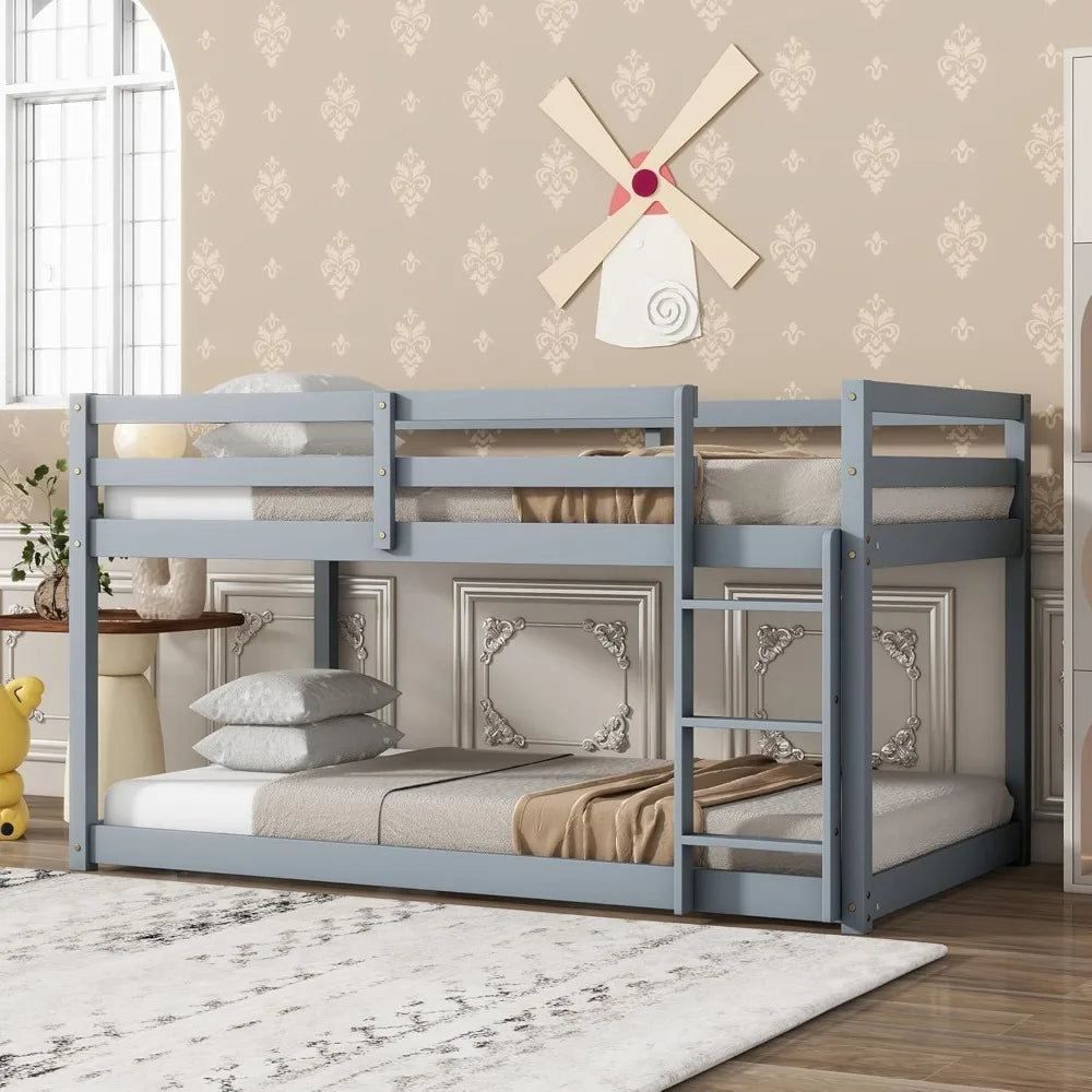 Wood Low Profile Floor Twin Bunk Beds w/Ladder Guardrails