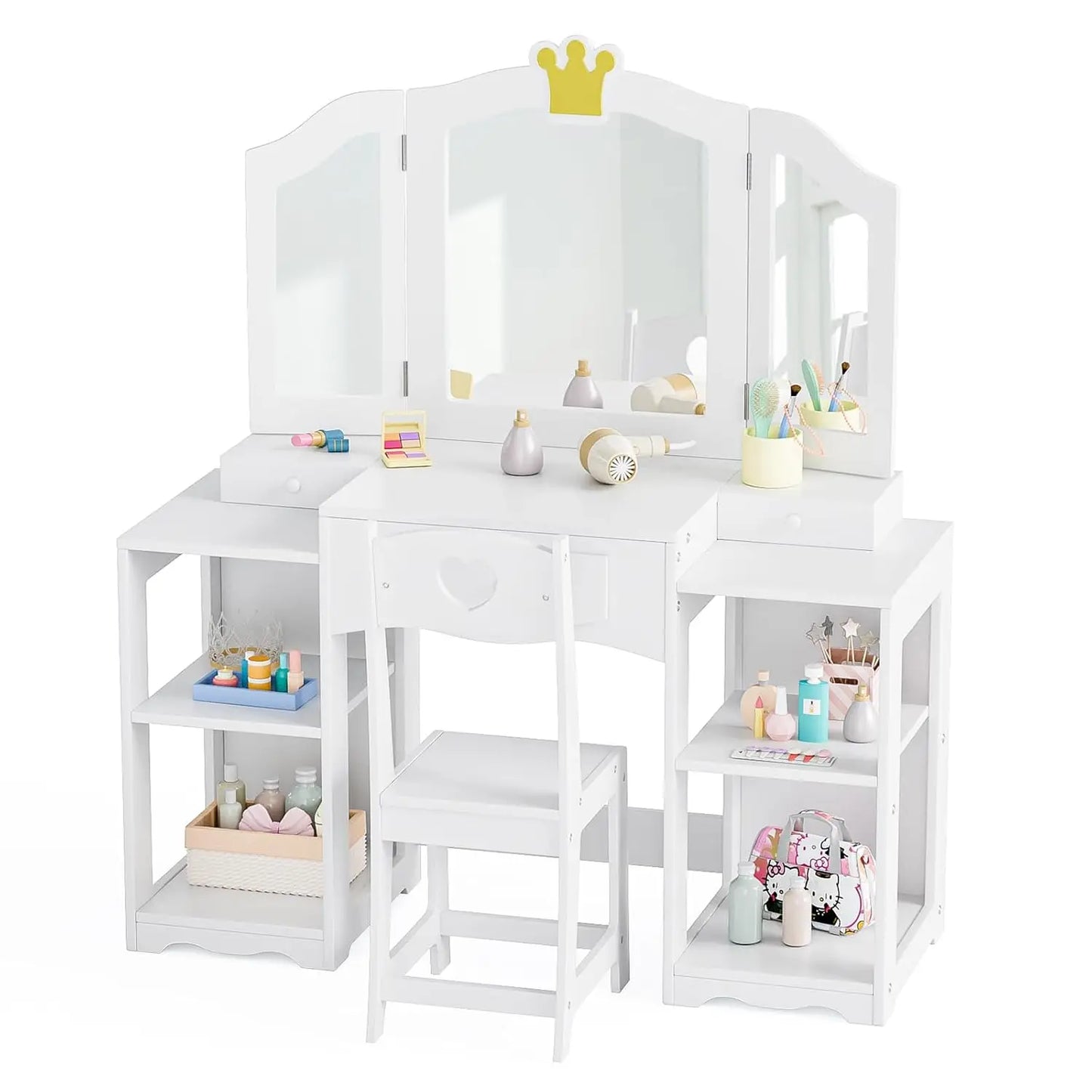 Extra-Wide Tri-Fold Mirror Vanity Table & Chair Set