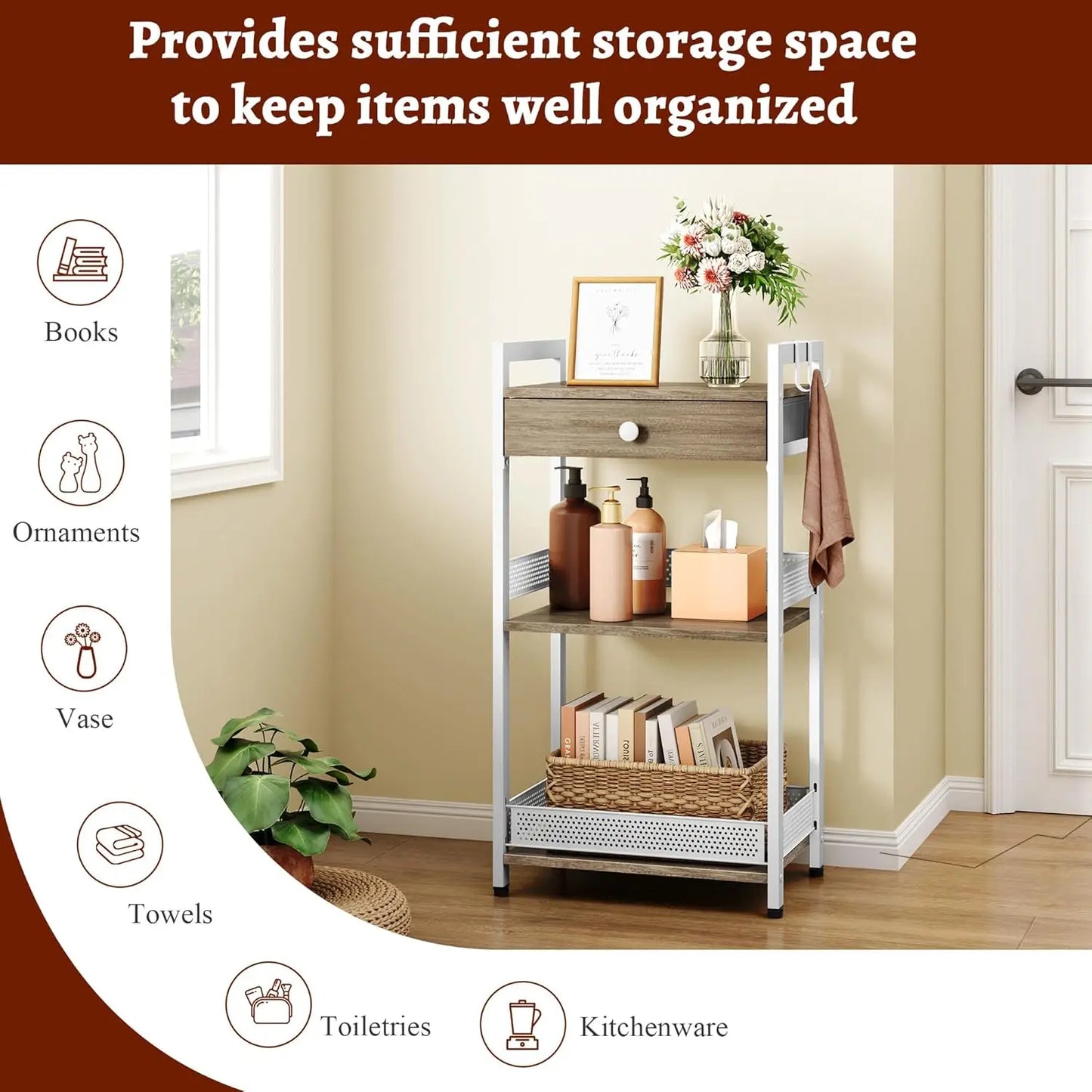 3-Tier Bathroom Floor Storage Shelf with Drawer