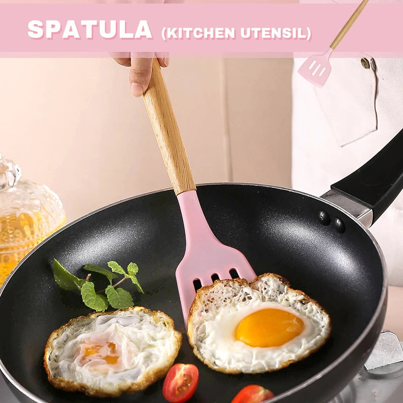 Silicone Cookware Kitchen Utensil Wooden Handle