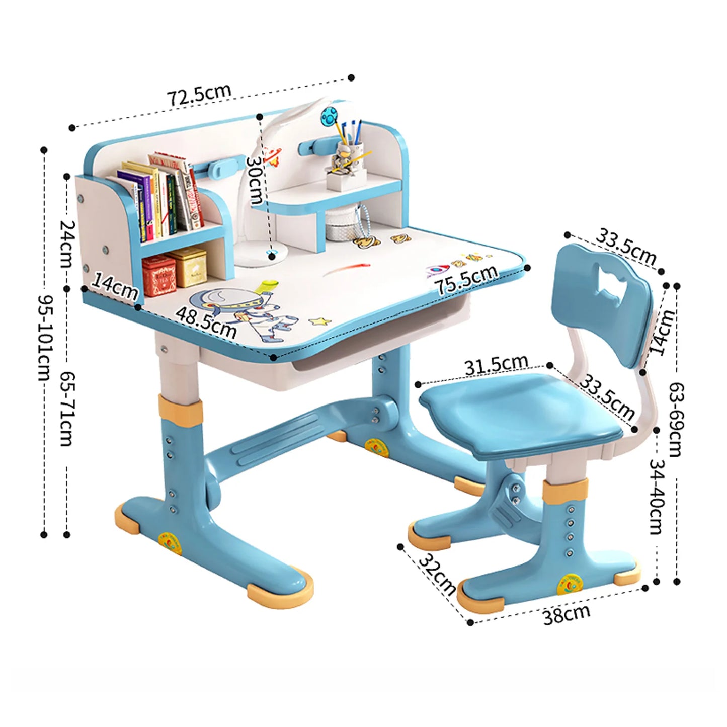 Multi Separation Adjustable Height Study Table with Drawer Chair Set