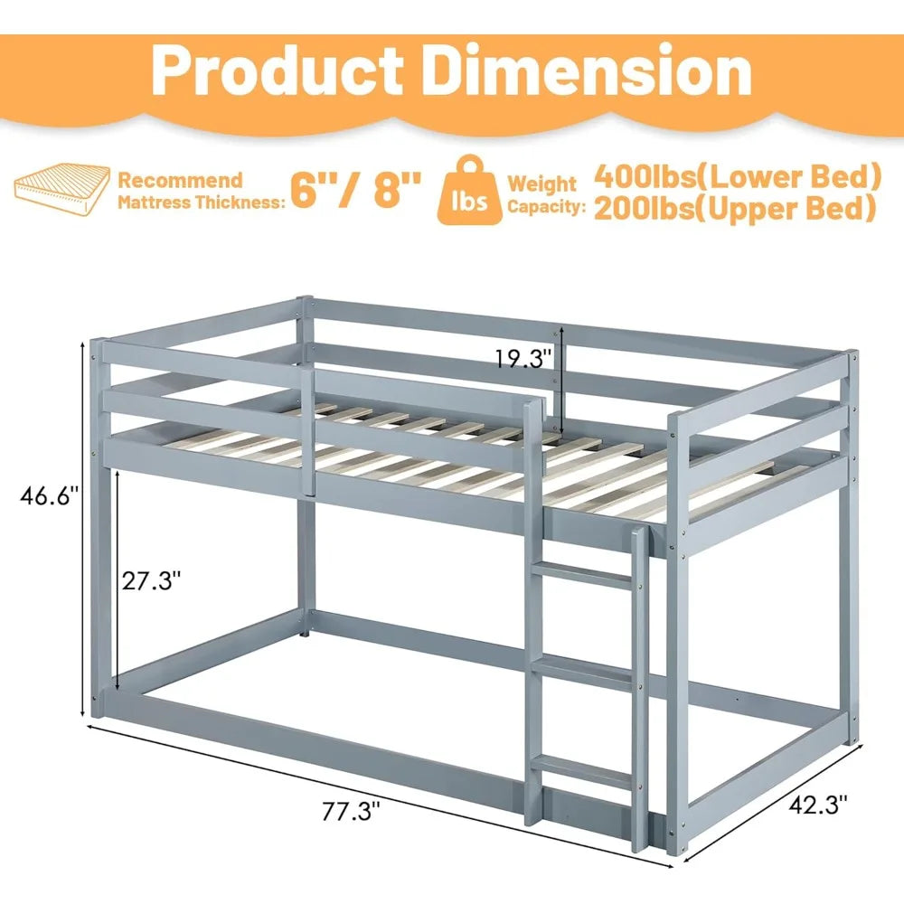 Wood Low Profile Floor Twin Bunk Beds w/Ladder Guardrails