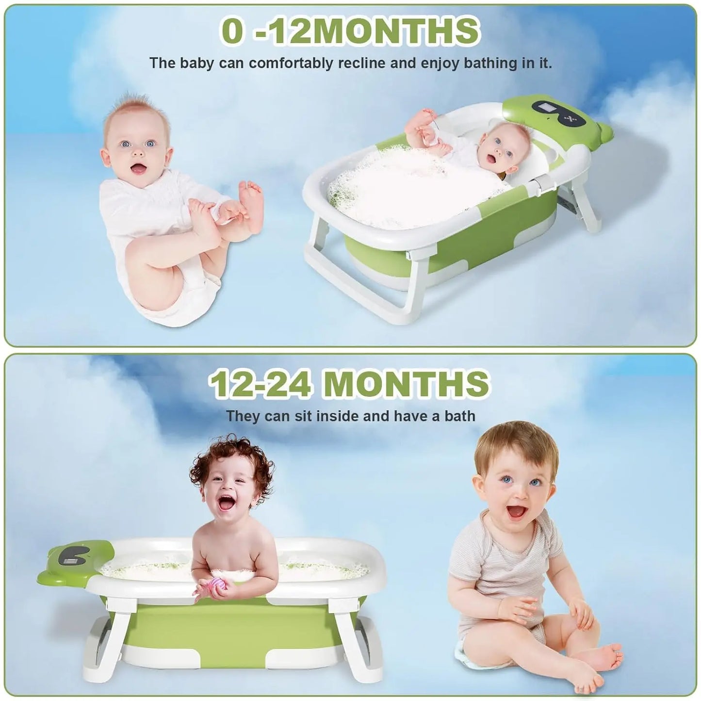 Baby Bathtub Foldable Baby Bathtub with Thermometer and Floating Cushion