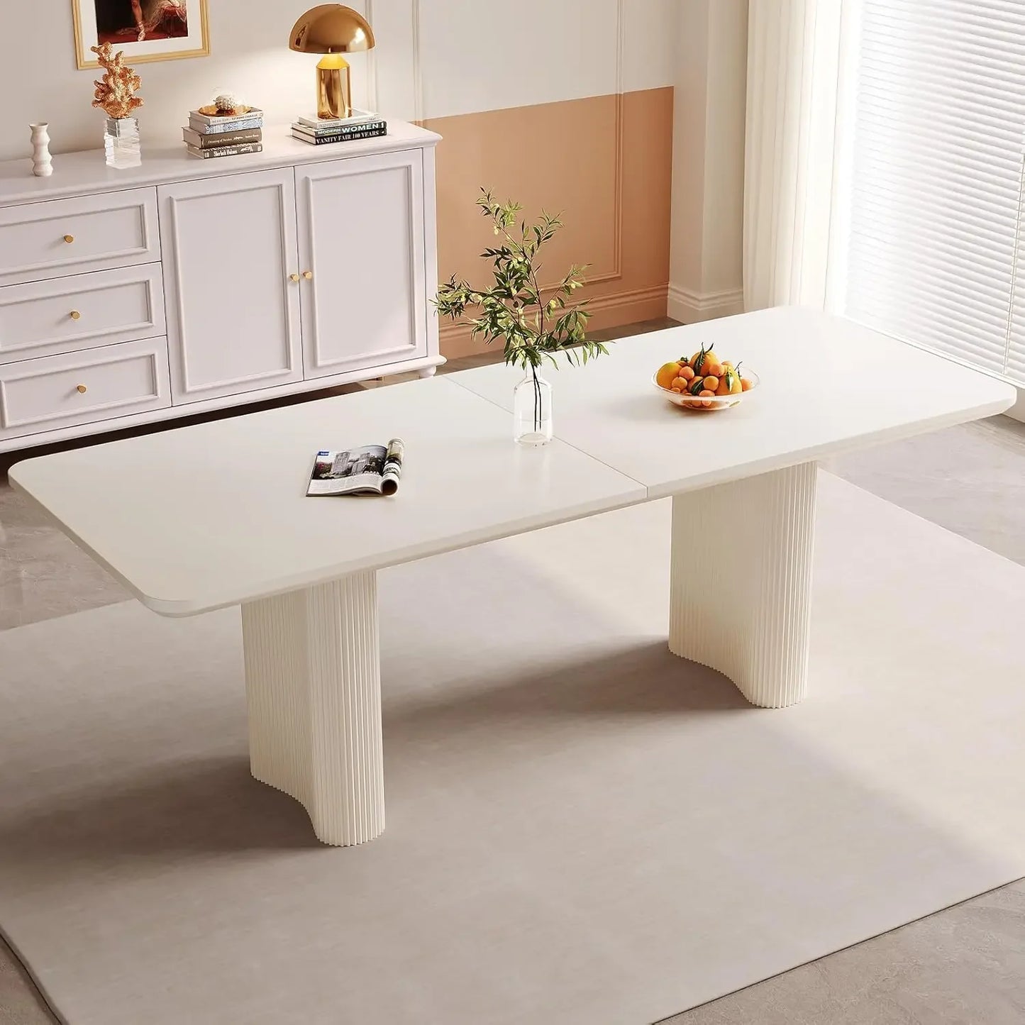 Large Modern Rectangular Dining Table with Cream White Wavy Table Legs