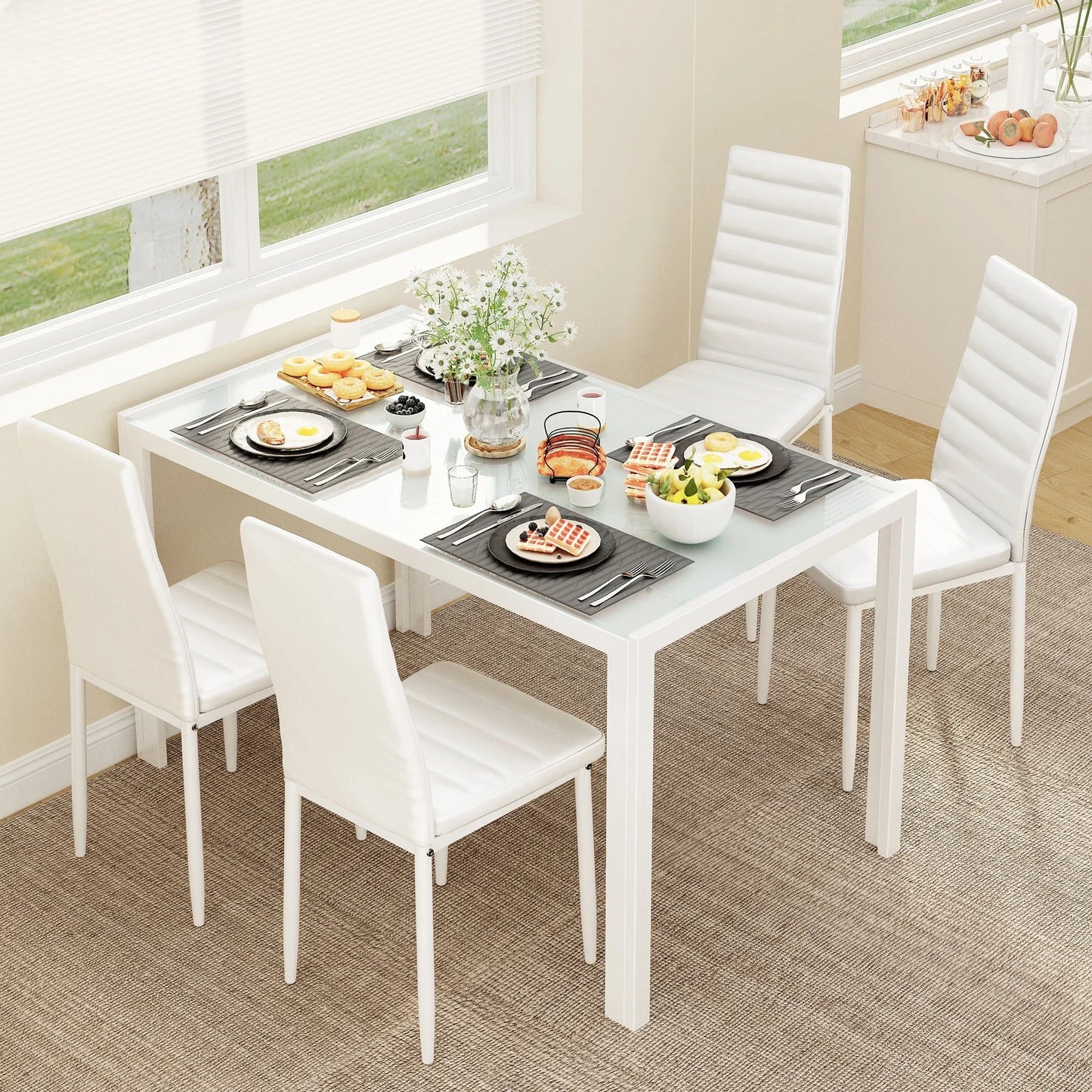 Glass Dining Table Sets with Leather Chairs