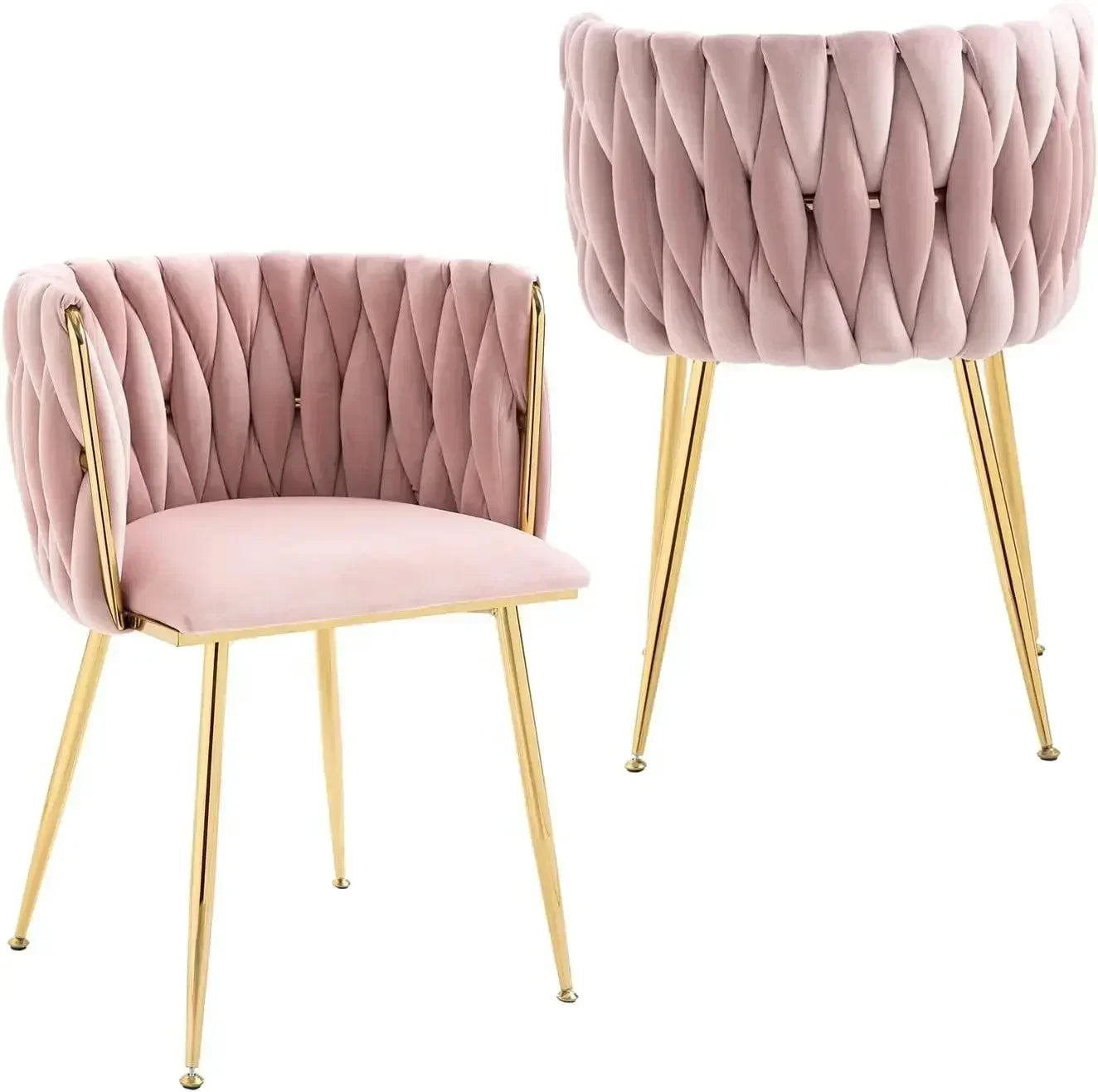 Woven Velvet Upholstered Dining Chairs Set with Gold Metal Legs
