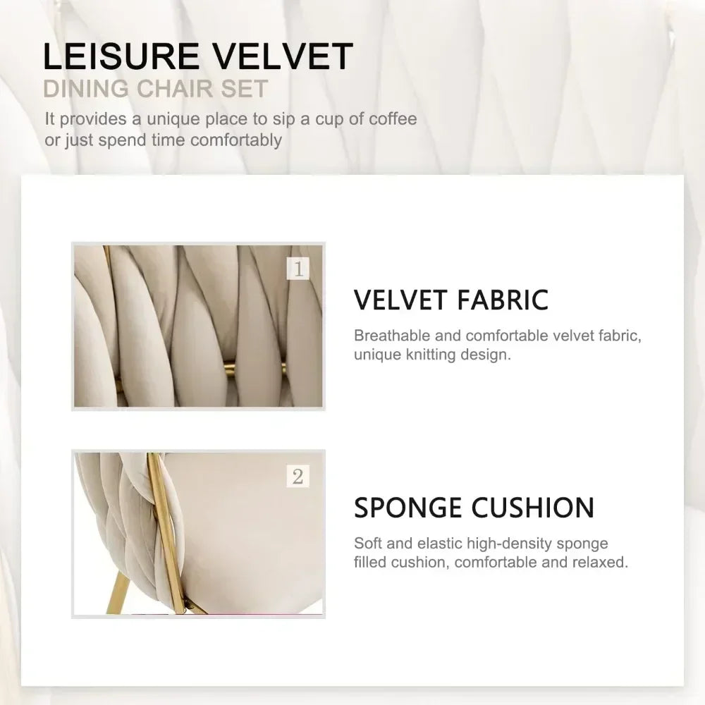 Woven Velvet Upholstered Dining Chairs Set with Gold Metal Legs