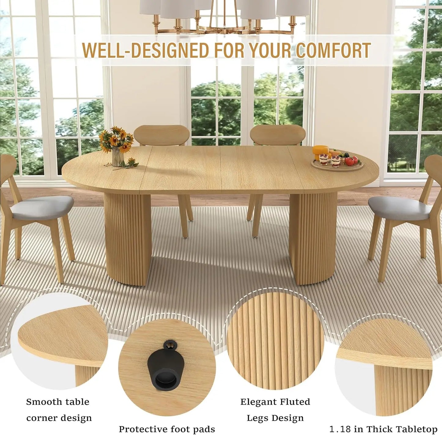 Extendable Dining Room Table with Fluted Base Oval Dinner