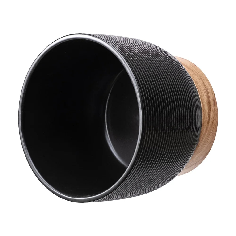 Black Woven Ceramic Planter with Wood Texture Base