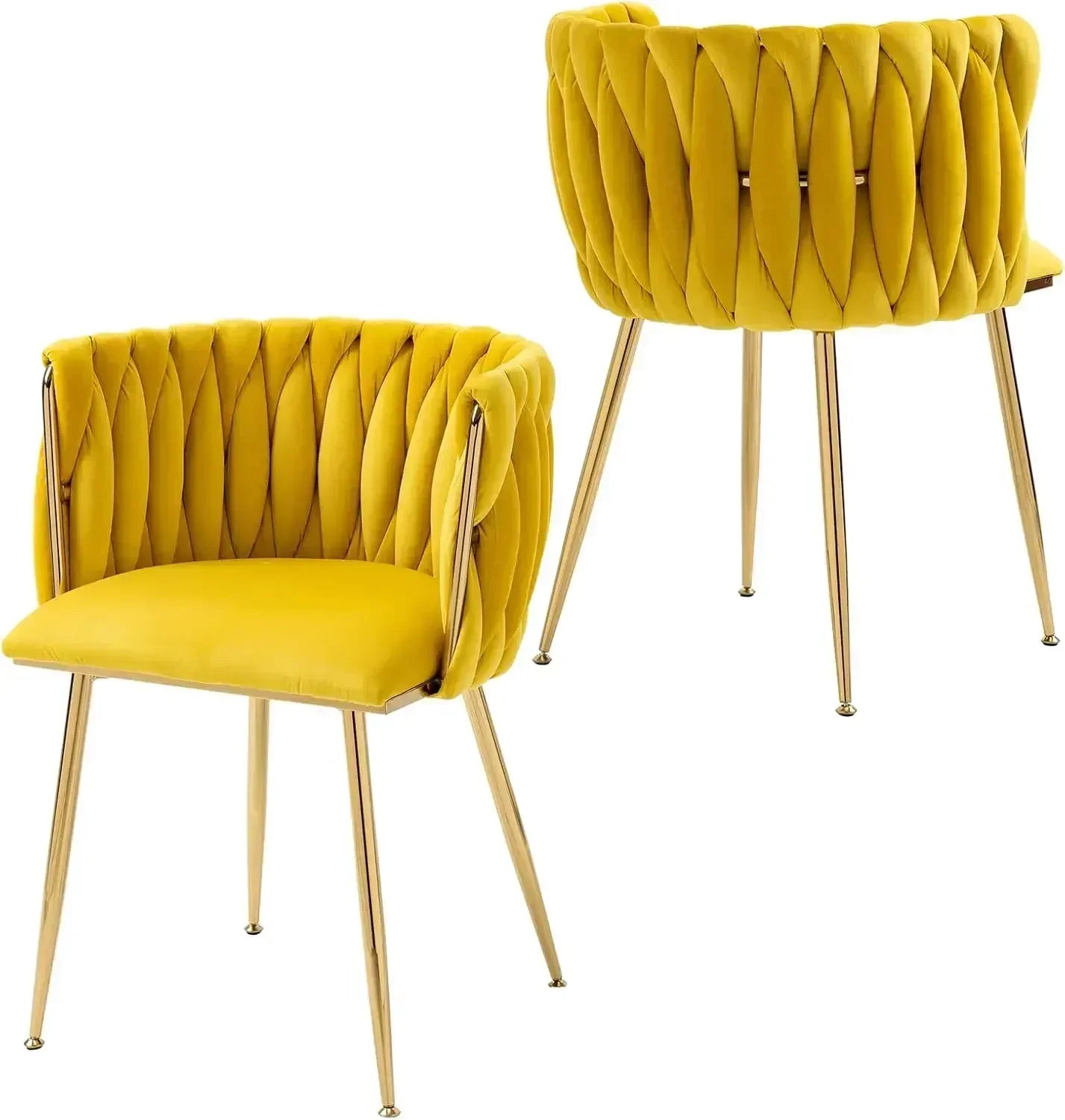 Woven Velvet Upholstered Dining Chairs Set with Gold Metal Legs