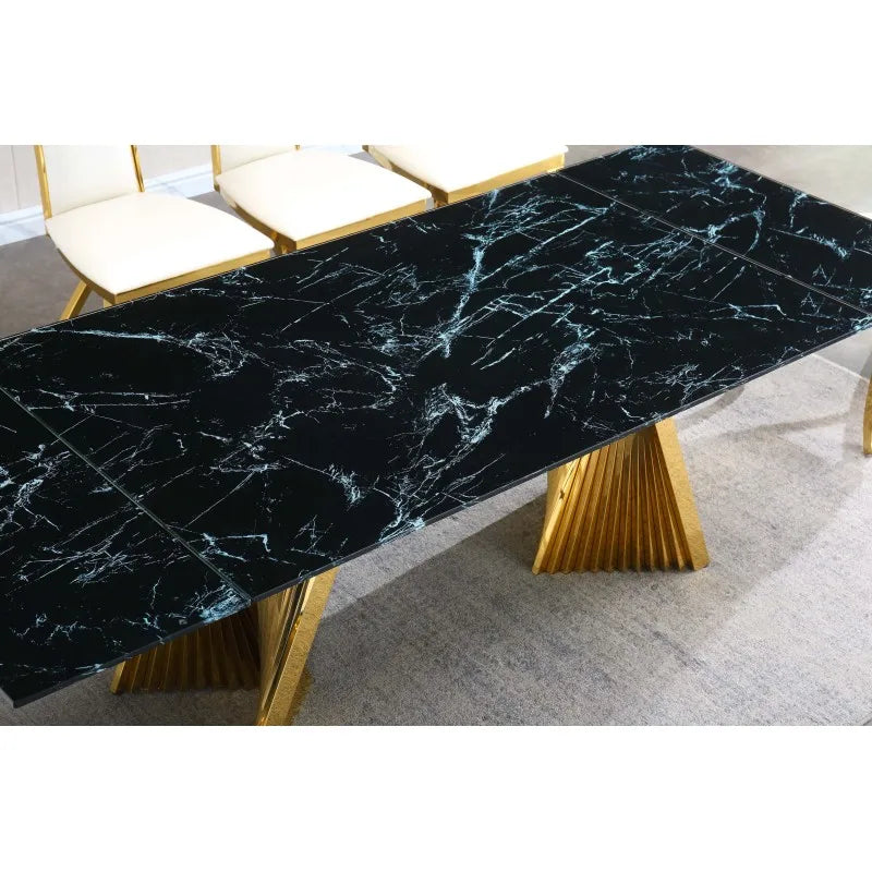Dining Table with Black Marble Top & Tempered Glass