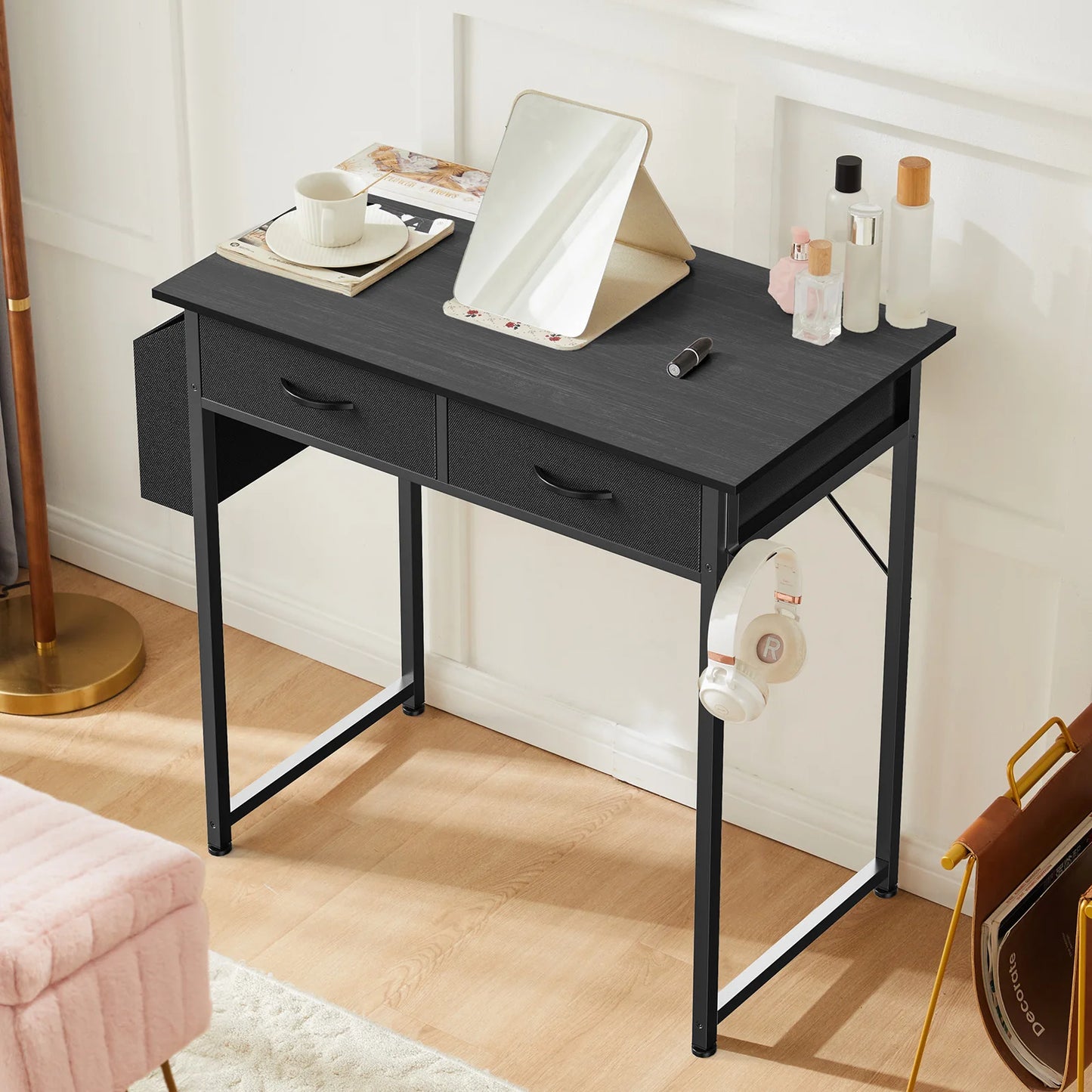 Modern Office Computer Desk with Fabric Storage Drawers