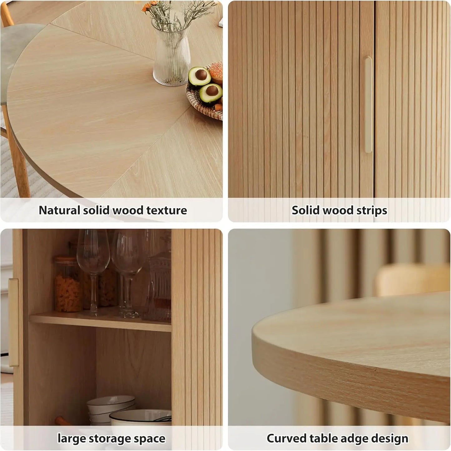 Round Dining Table with 2-Layer Storage Shelf and Wood Slide Door