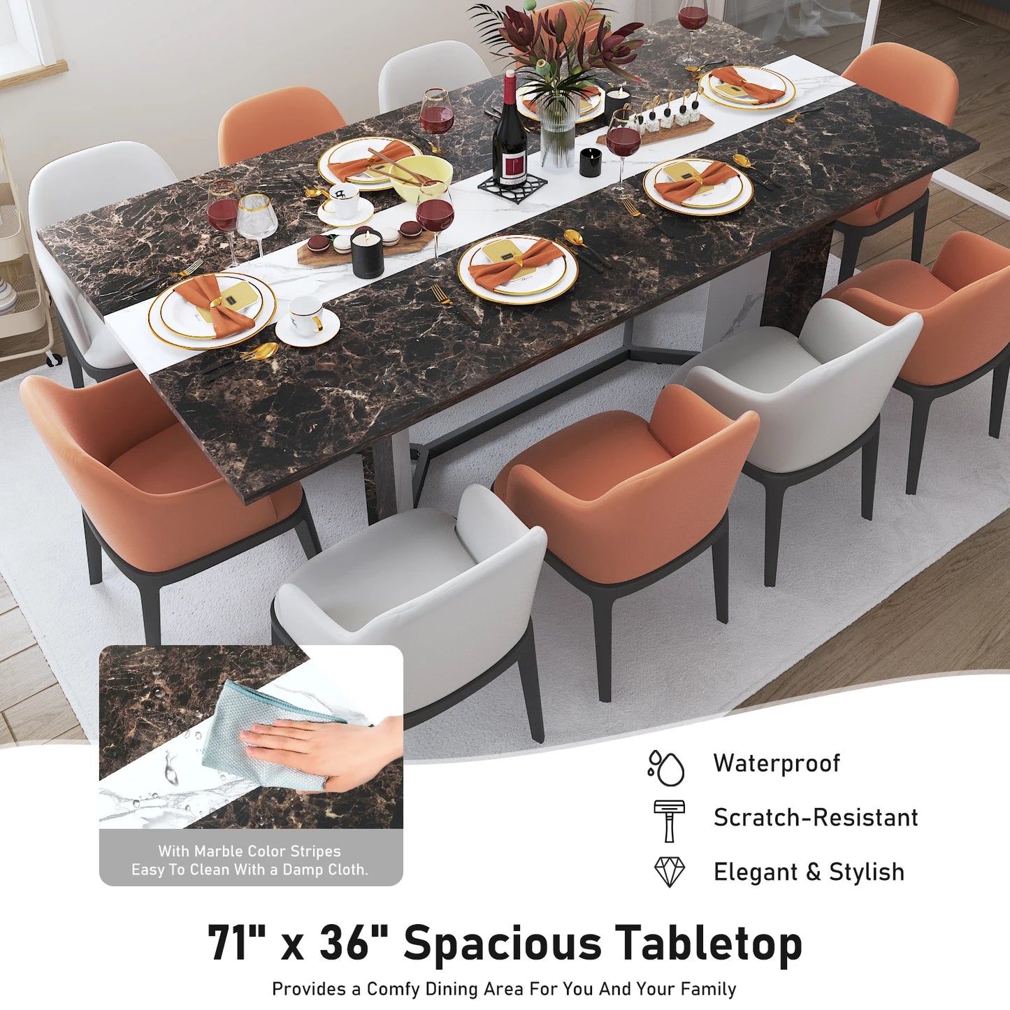 Large Rectangular White Dining Table with Marble Color, Wood Tabletop, Metal Leg