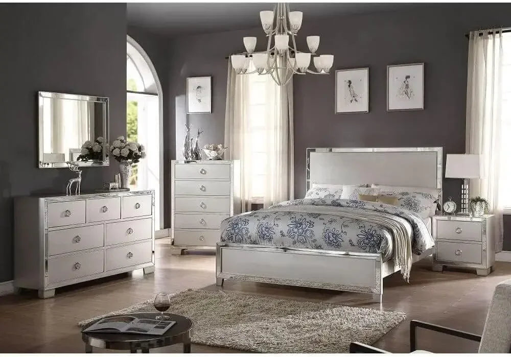 Modern Mirrored Nightstand Dresser Set with 2 Drawers and Round Ring Handle