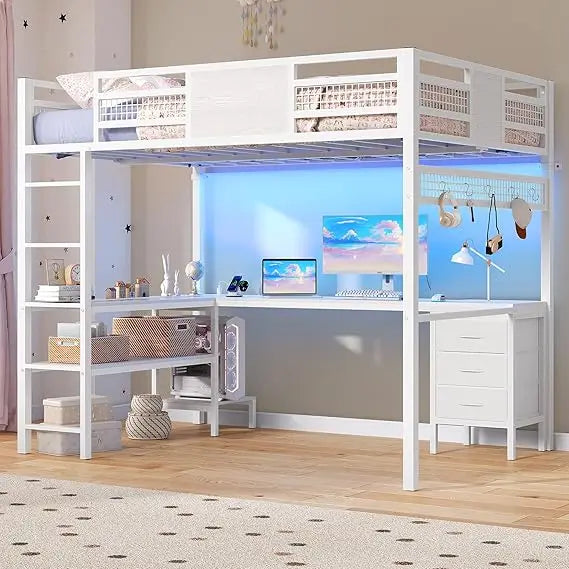 Full Size Loft Bed with L-Shaped Desk