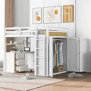 Full Size Loft Bed with Desk and Wardrobe