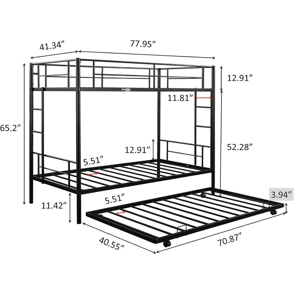 Metal Bunk Bed with Trundle Twin Over Twin