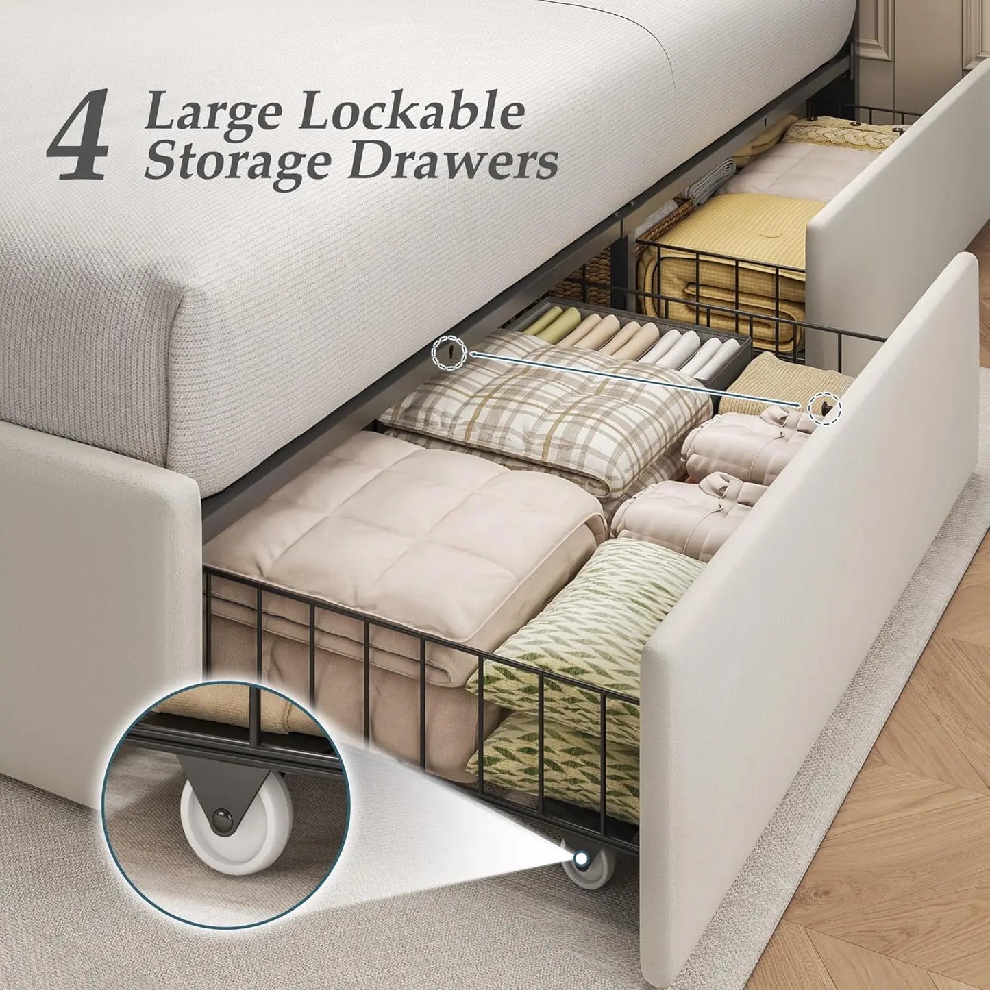 Bed Frame with Storage Drawers with Velvet Upholstered Headboard