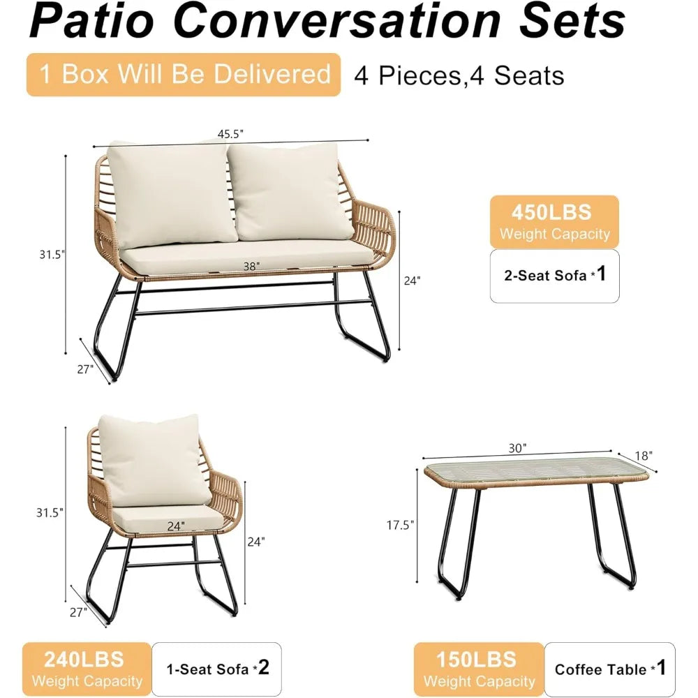 Outdoor Patio Furniture Set with Cushions & Tempered Glass Table