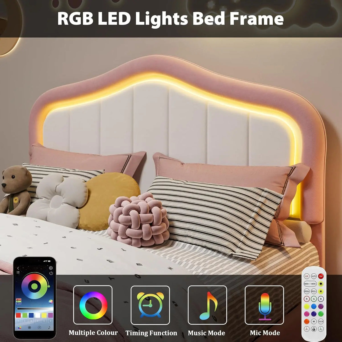 Modern Princess Style Upholstered Bed Frame with LED Crown Headboard