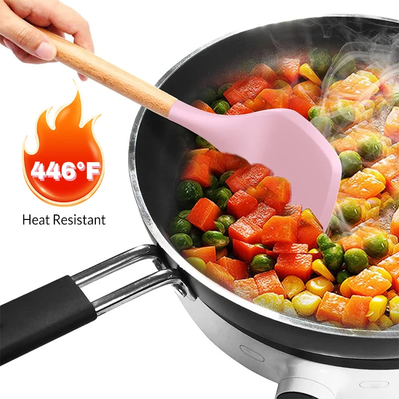 Silicone Cookware Kitchen Utensil Wooden Handle