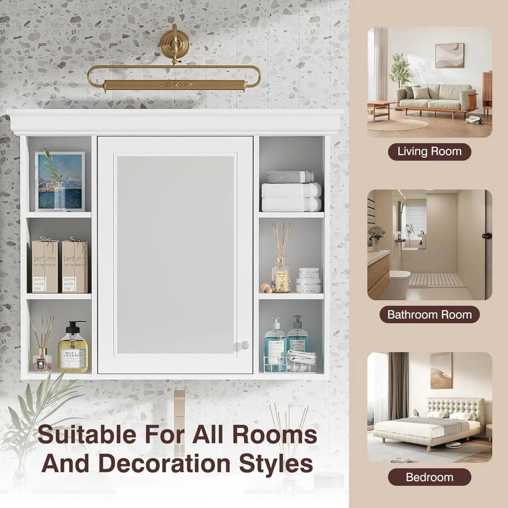 Bathroom Storage Cabinet with Mirror Door and 6 Adjustable Open Shelf