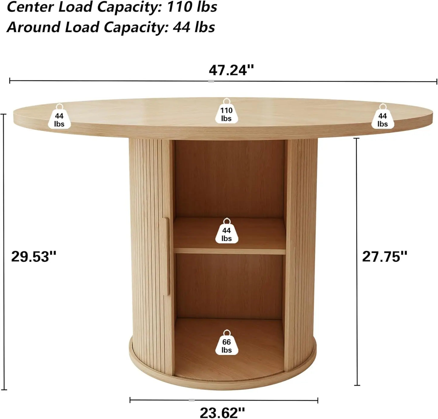Round Dining Table with 2-Layer Storage Shelf and Wood Slide Door