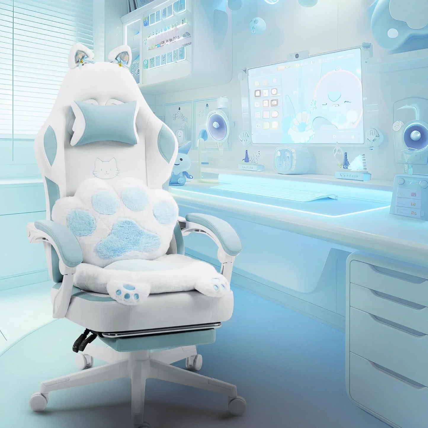 Cat Ears Paw Lumbar and Cushion Computer Chair