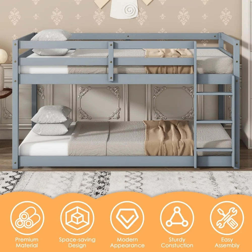 Wood Low Profile Floor Twin Bunk Beds w/Ladder Guardrails