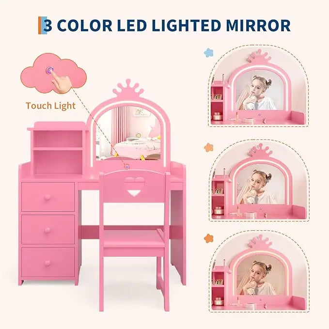 Kids Vanity with Lights, 2 in 1 Princess Makeup Vanity Desk & Chair Set