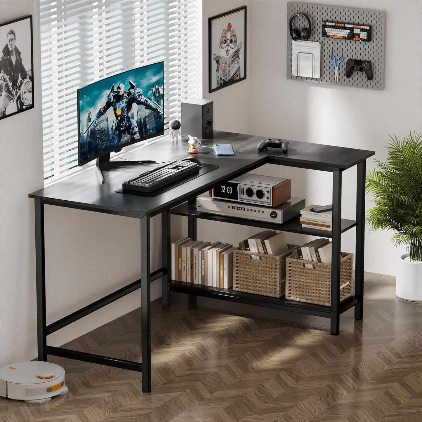 Home Office Computer L Shaped Desk with Shelf