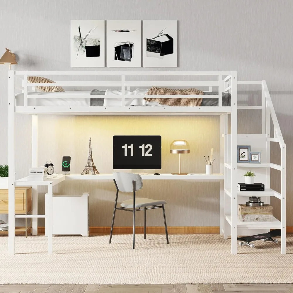 Twin XL Loft Bed with Stairs and L-shaped Desk