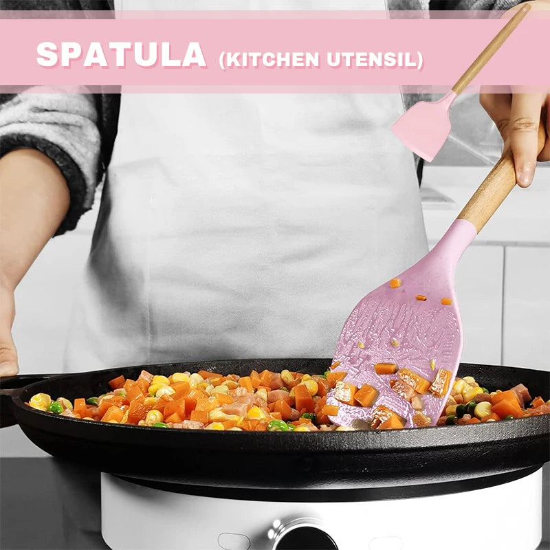 Silicone Cookware Kitchen Utensil Wooden Handle