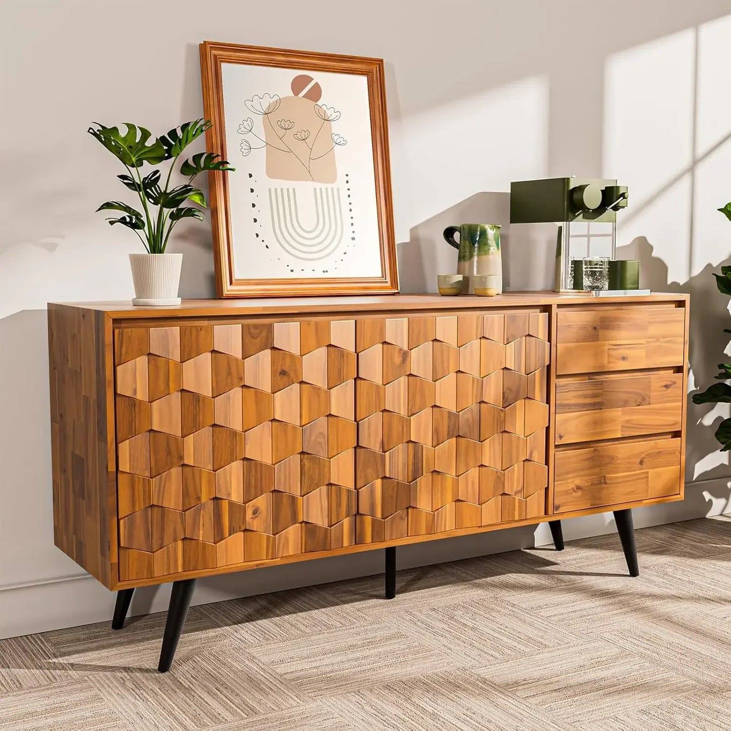 Cabinet with Geometric Pattern Sideboard Solid Wood
