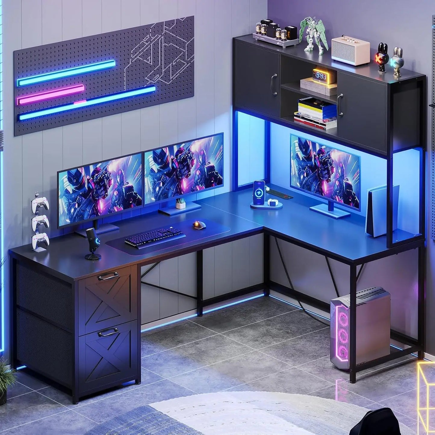 Reversible L Shaped Computer Desk with Fabric Drawers and Power Outlet
