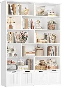 Tall Kids Bookshelf with 4 Movable Drawers and 12 Storage Cubbies