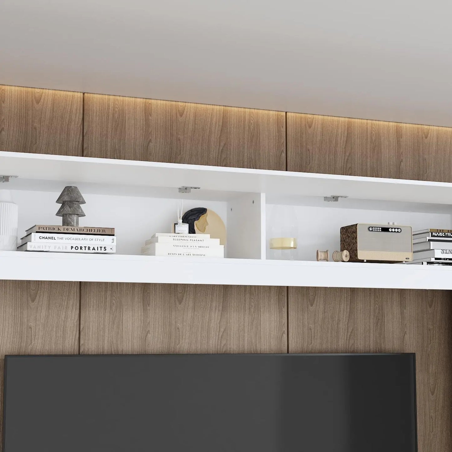 White 114" Large Wall Unit Entertainment Center with Bookshelves, Lights and 18 Shelves, Modern Console Table Home Theater