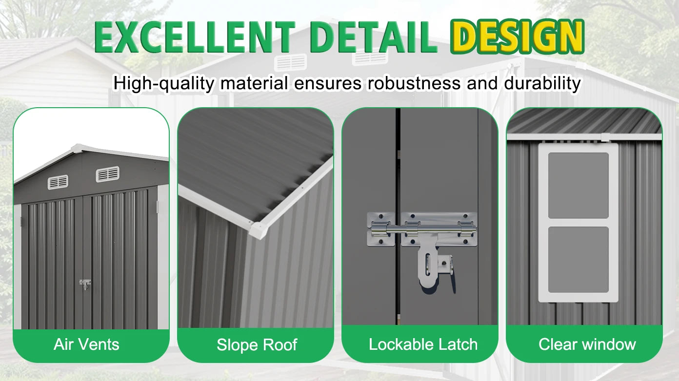 Outdoor Storage Shed - Metal Garden Shed with Double Door