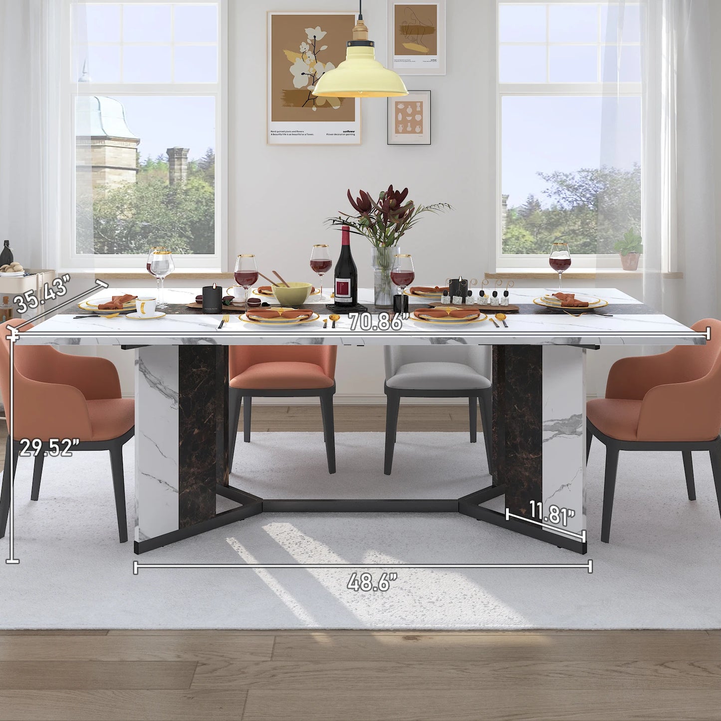 Large Rectangular White Dining Table with Marble Color, Wood Tabletop, Metal Leg
