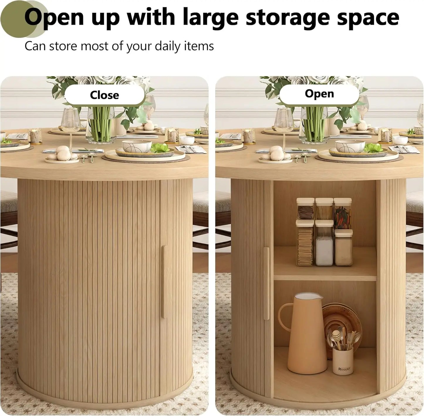 Round Dining Table with 2-Layer Storage Shelf and Wood Slide Door