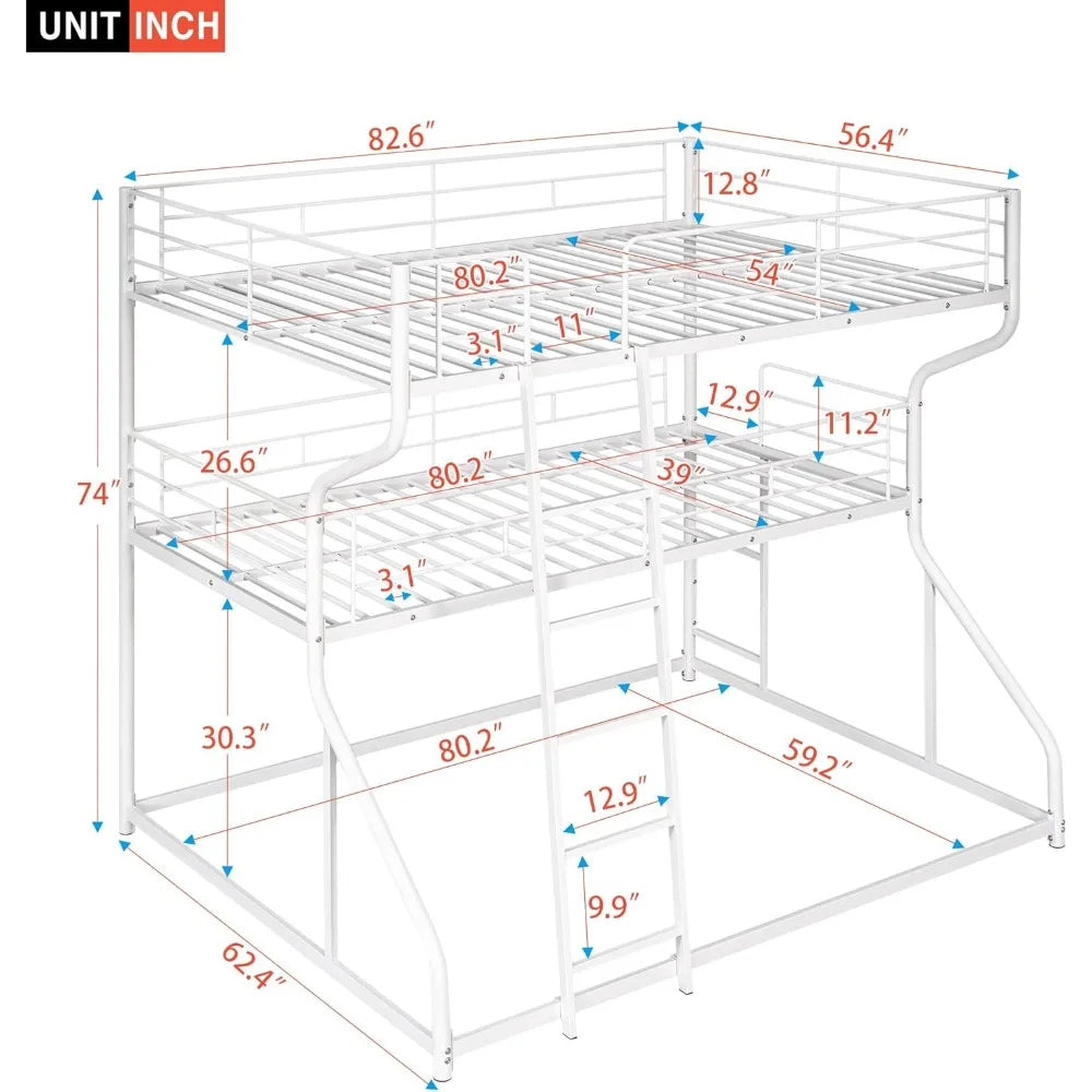 Full XL Over Twin XL Over Queen Metal Bunk Bed with Guardrails