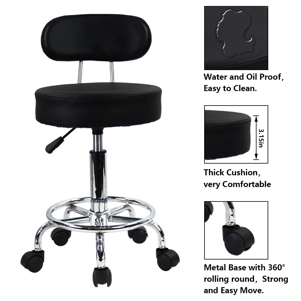 Leather Rolling Stool Mid-Back with Footrest Height