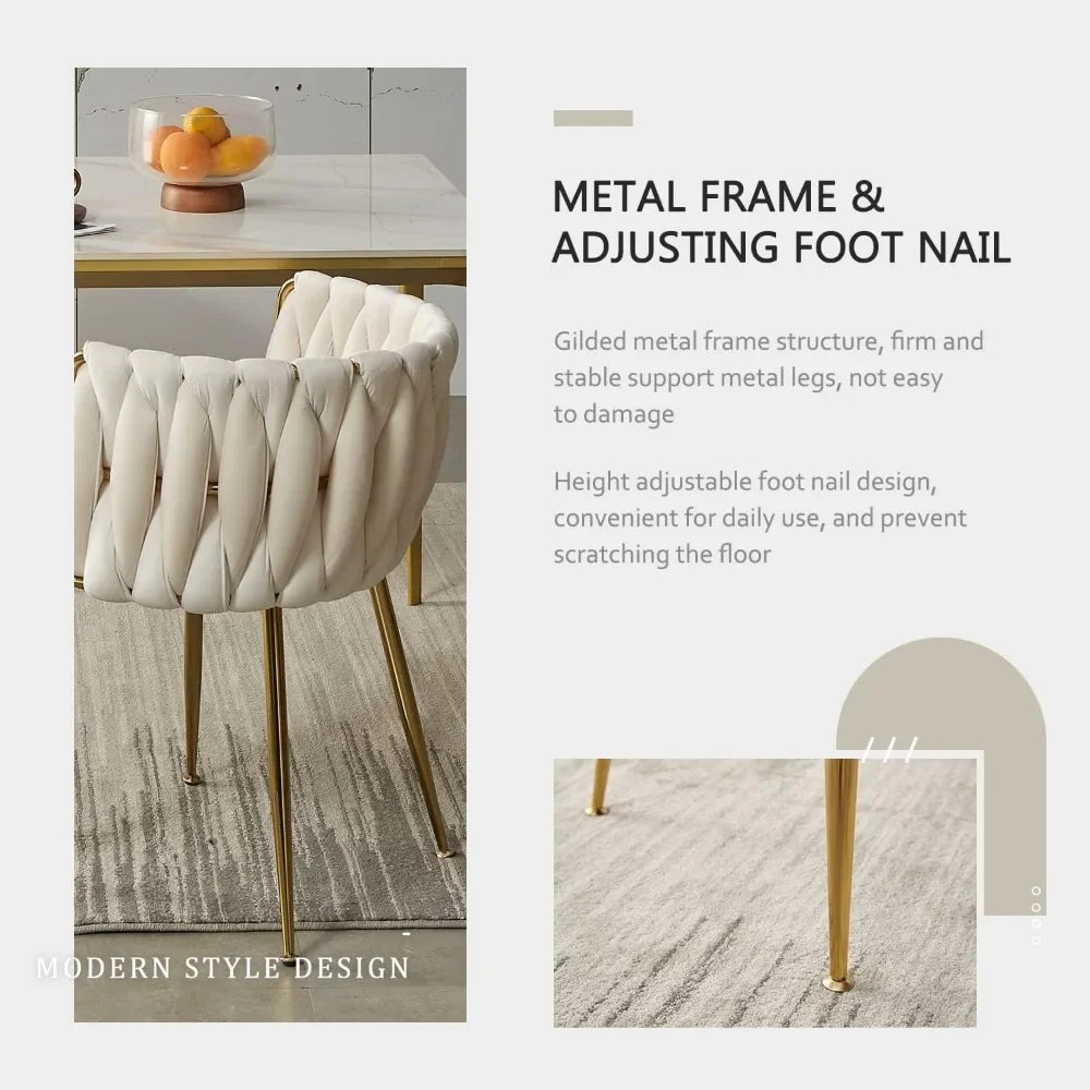 Dining Room Woven Velvet Upholstered Chairs with Golden Metal Legs
