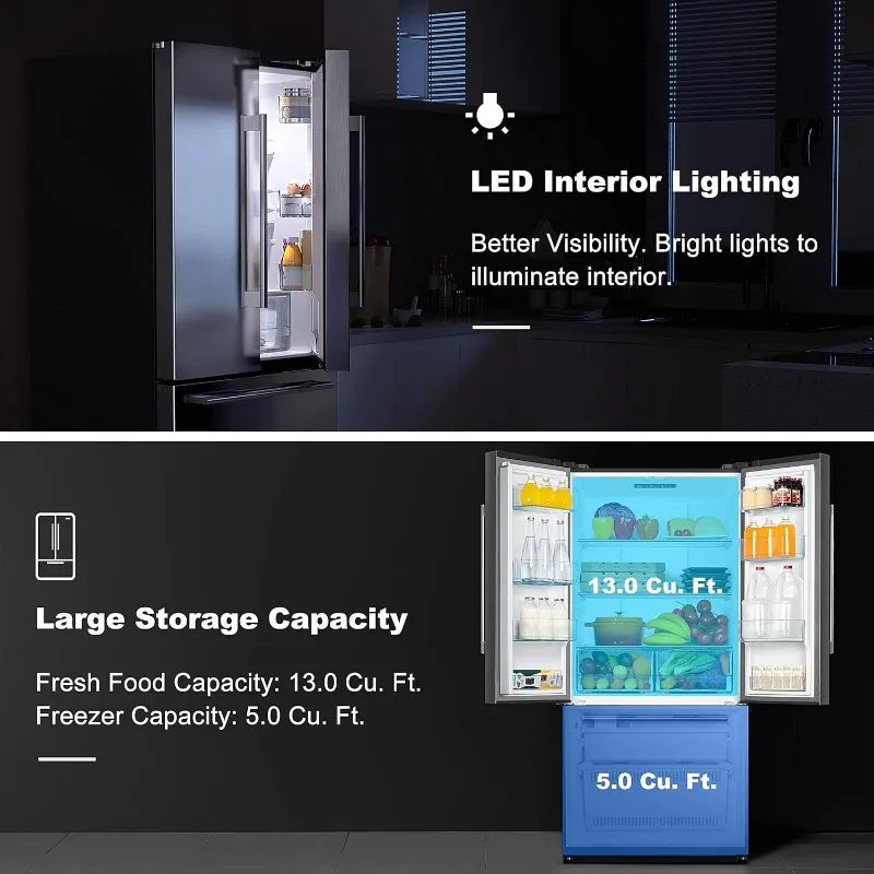 French Door Refrigerator with Installed Ice Maker and Bottom Freezer