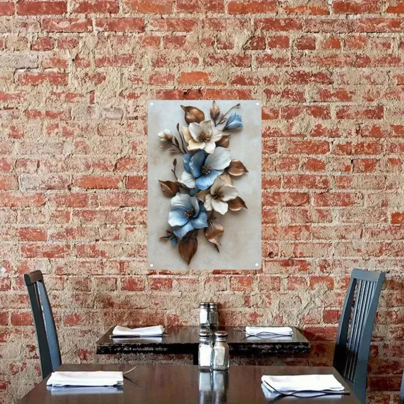 Metal Wall Elegant Art Blue and White Flower