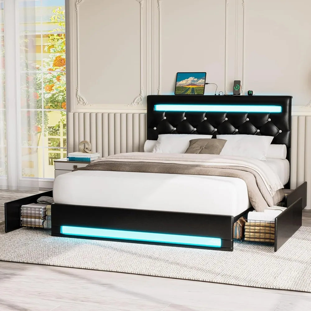 Bed Frame with LED Light with Drawers