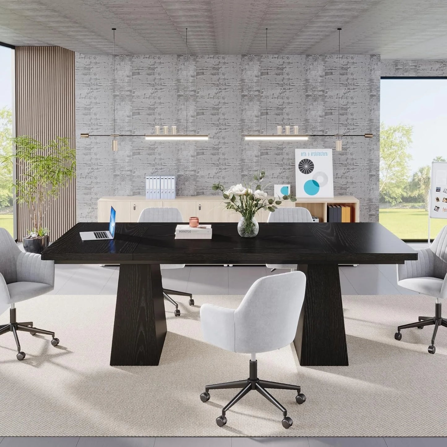Black Dining Table with Tapered Wood Legs and Tabletop