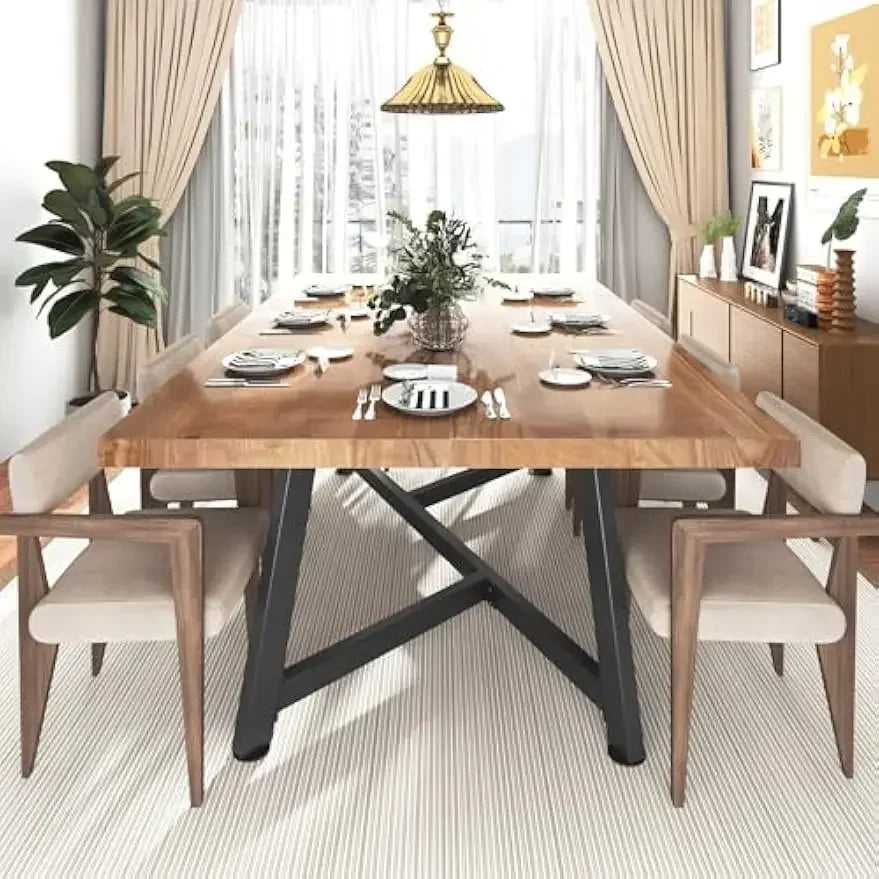 Rustic Large Brown Rectangular Solid Wood Dining Table w/Adjustable Metal Legs